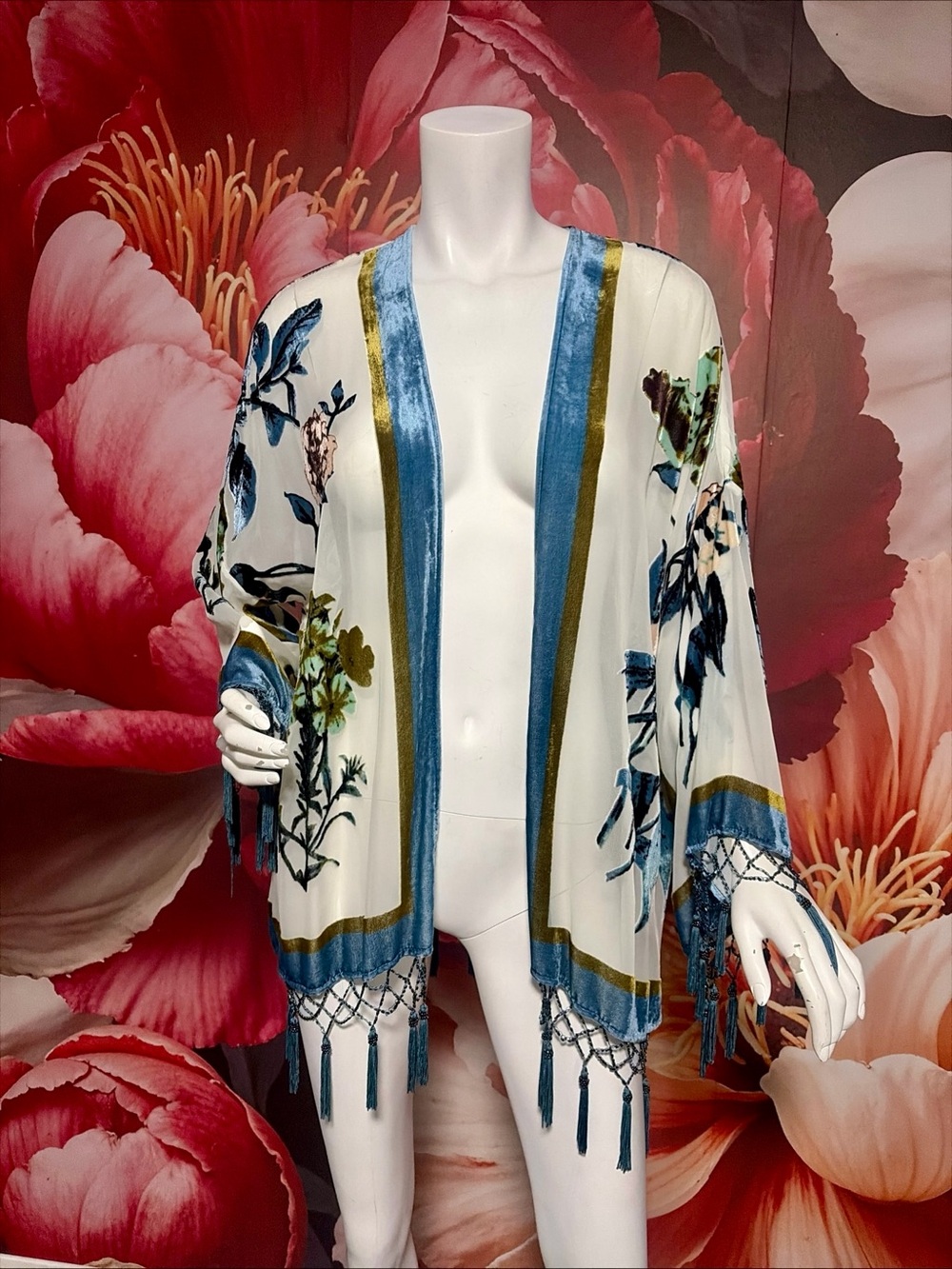 Chico's L/XL Floral Velvet Burnout Kimono Beaded Fringe Open Front Jacket